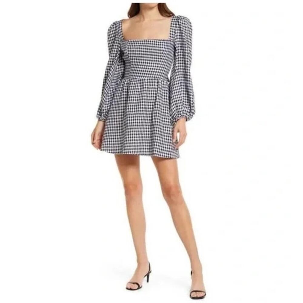 Reformation Brodie Black White Gingham Linen Puff Sleeve Mini Dress Size 4